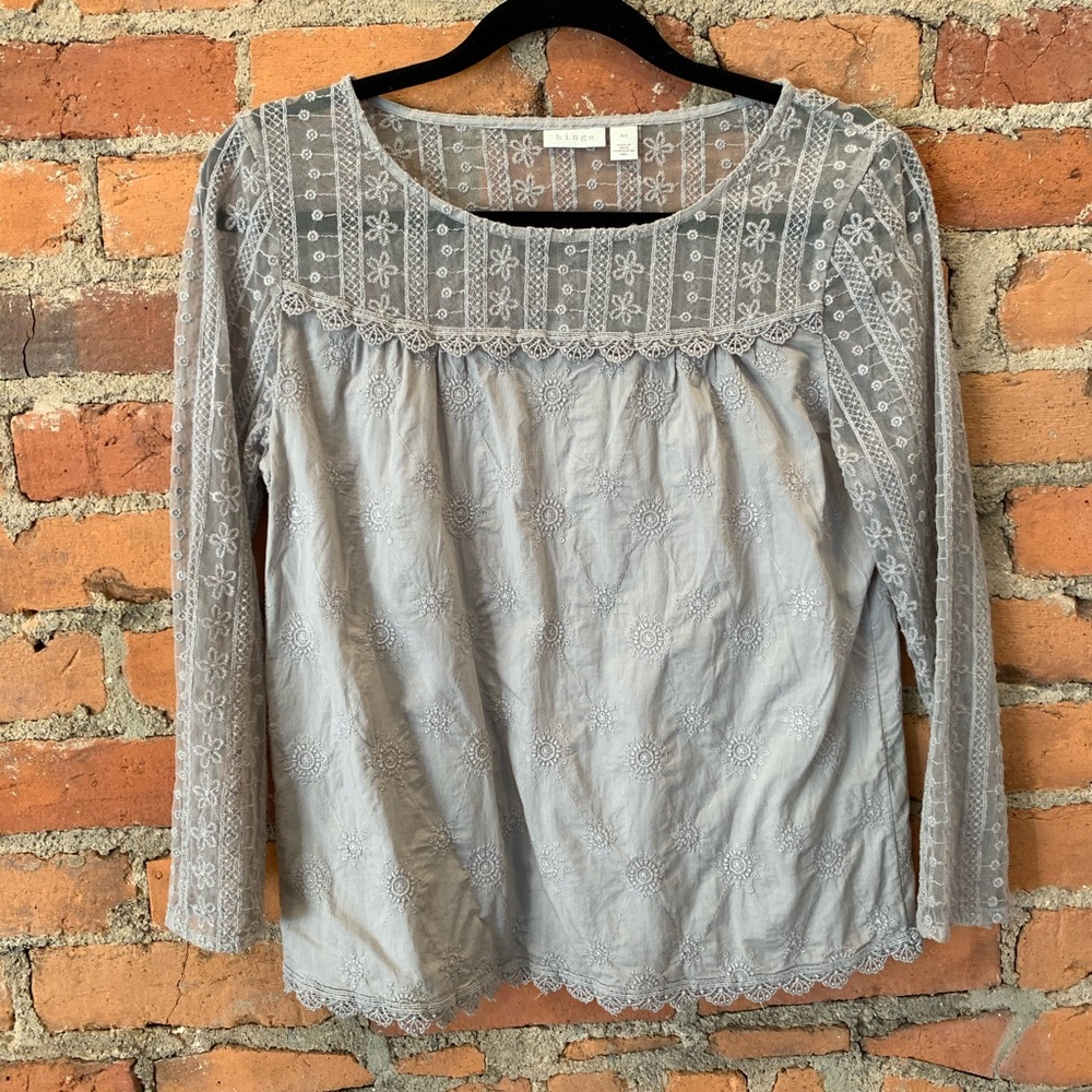 hinge Gray Embroidered Lace Yoke Blouse